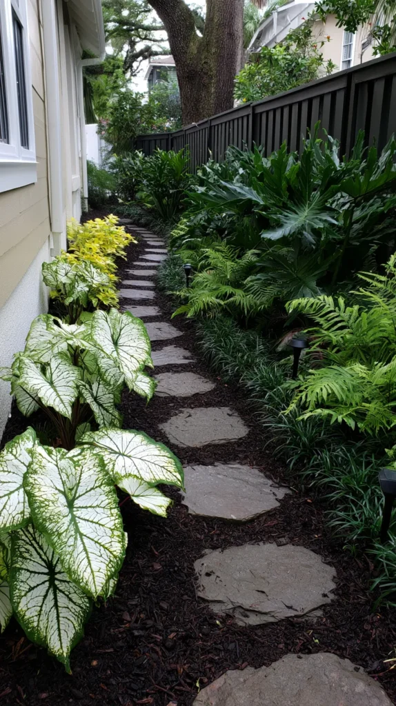 Side yard landscaping for a shady home exterior, stepping stone path through dark mulch, caladiums, ferns, liriope, cast iron plants, slim black solar lights, neat fence and house wall, polished but affordable garden design, natural overcast light, realistic texture, no people, no text, no watermark