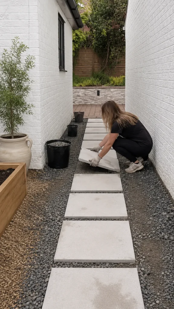 woman laying large stones on the ground outside
