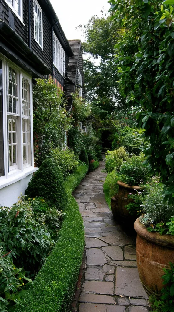 side yard in an English garden style home