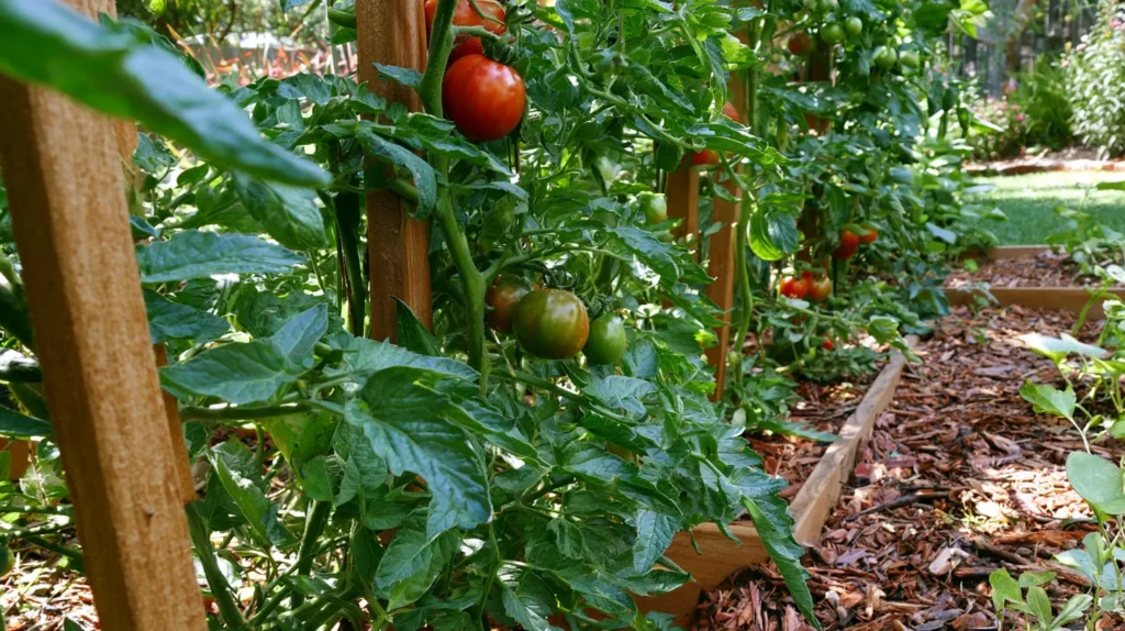 Budget-friendly backyard vegetable garden with tall wooden tomato trellis, healthy green tomato vines climbing upward, visible red and green tomatoes, raised garden bed, mulch, sunny morning light, realistic suburban yard, clean organized garden layout, natural textures, no people, no text, no watermark