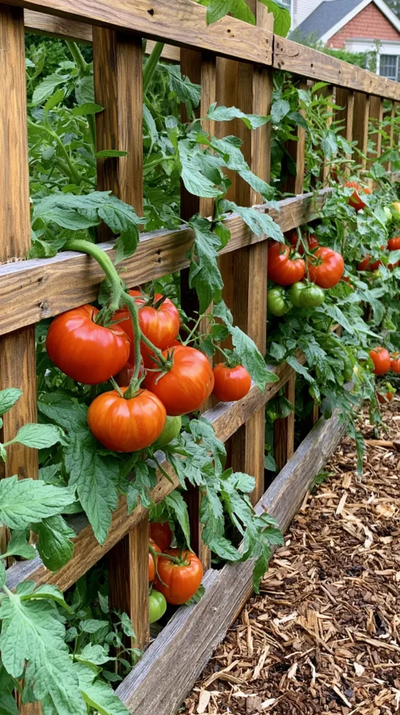 wooden tomato trellis in the backyard of a suburban home