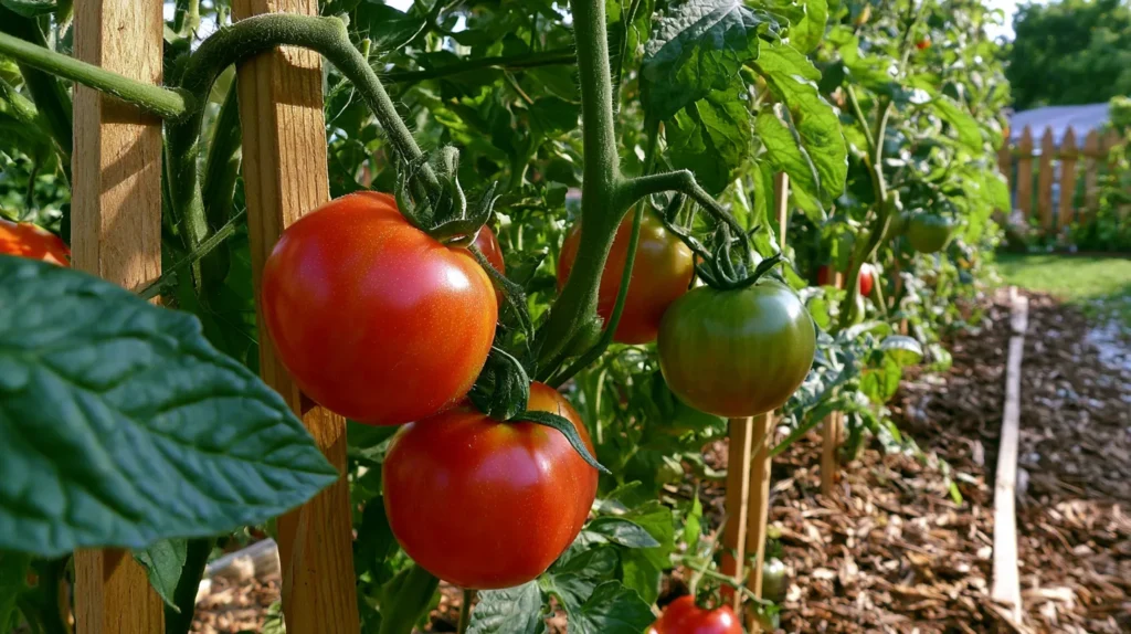 Budget-friendly backyard vegetable garden with tall wooden tomato trellis, healthy green tomato vines climbing upward, visible red and green tomatoes, raised garden bed, mulch, sunny morning light, realistic suburban yard, clean organized garden layout, natural textures, no people, no text, no watermark