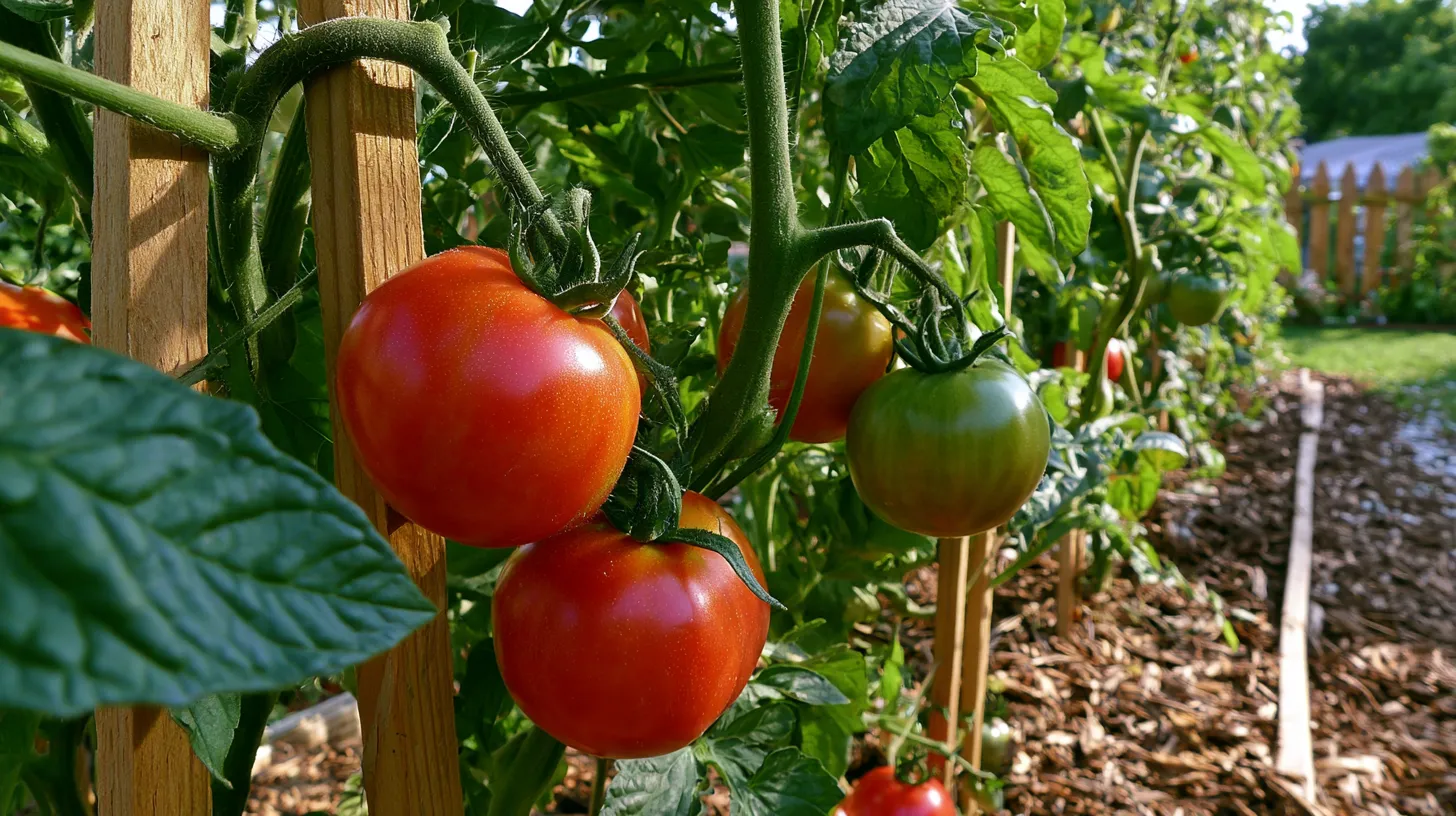 Budget-friendly backyard vegetable garden with tall wooden tomato trellis, healthy green tomato vines climbing upward, visible red and green tomatoes, raised garden bed, mulch, sunny morning light, realistic suburban yard, clean organized garden layout, natural textures, no people, no text, no watermark