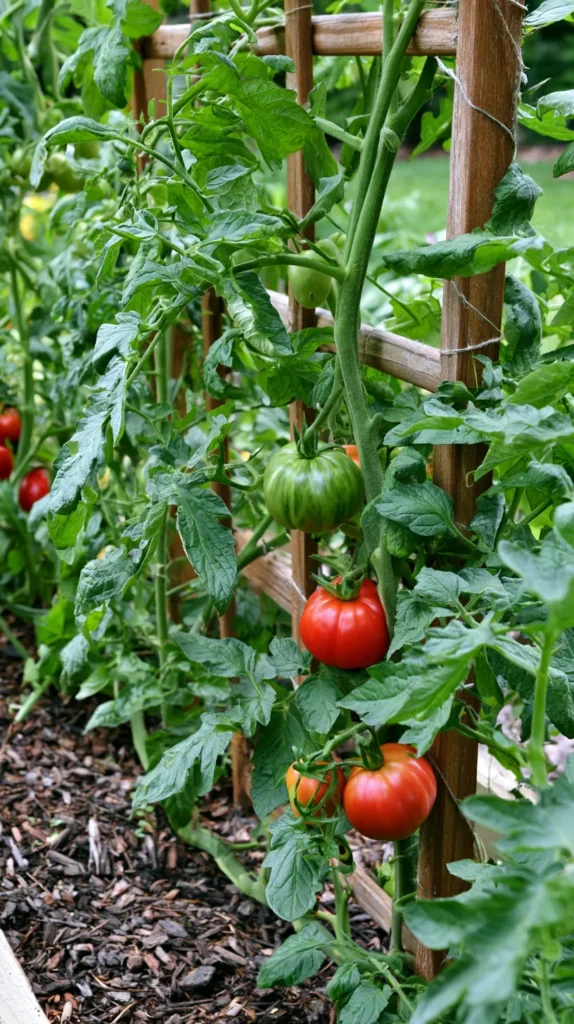Vertical DIY tomato trellis made from wooden stakes and natural jute twine, several horizontal twine rows clearly visible, tomato vines climbing neatly through the string support, visible red cherry tomatoes and green tomatoes, raised garden bed with straw mulch and dark soil, bright summer backyard garden, simple budget-friendly garden project, realistic home gardening photography, no metal cage, no wire mesh, no cattle panel, no people, no text, no watermark