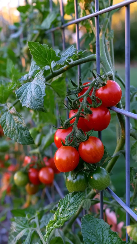 Close-up of tomato vines growing on a sturdy cattle panel trellis, clusters of ripe cherry tomatoes and green tomatoes, metal grid support, leafy garden texture, soft golden hour light, budget homestead garden style, realistic detail, no people, no text, no watermark