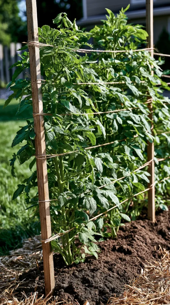 DIY tomato trellis made from simple wooden stakes and garden twine, tomato plants neatly tied upward, small backyard garden bed, affordable materials, fresh soil, straw mulch, bright natural daylight, realistic home gardening scene, crisp editorial photography, no people, no text, no watermark