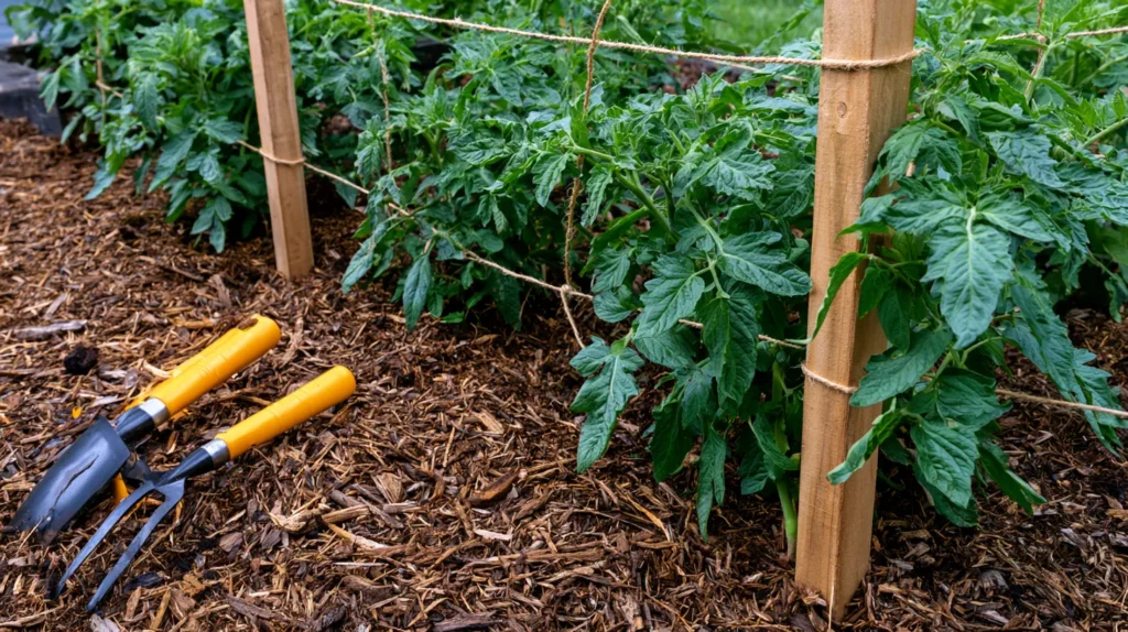 Overhead angled view of a DIY tomato trellis setup in a raised bed, wooden posts, twine supports, tomato plants at proper spacing, mulch and garden tools placed neatly nearby, bright clean backyard garden photography, realistic and practical, no people, no text, no watermark