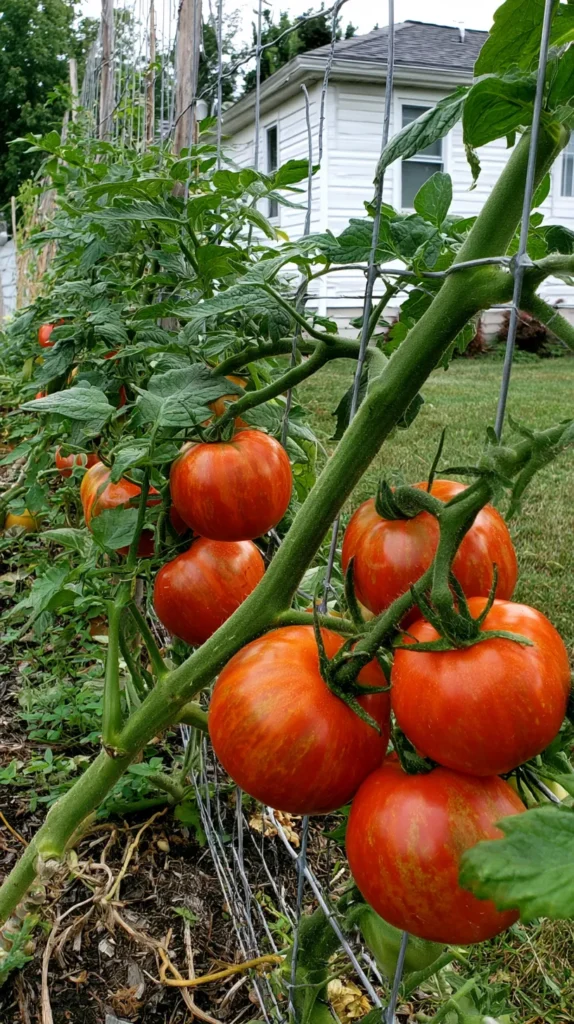 Close-up of tomato vines growing on a sturdy cattle panel trellis, clusters of ripe cherry tomatoes and green tomatoes, metal grid support, leafy garden texture, soft golden hour light, budget homestead garden style, realistic detail, no people, no text, no watermark