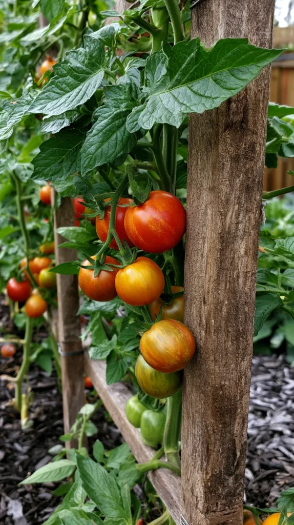 wooden tomato trellis in the backyard of a suburban home