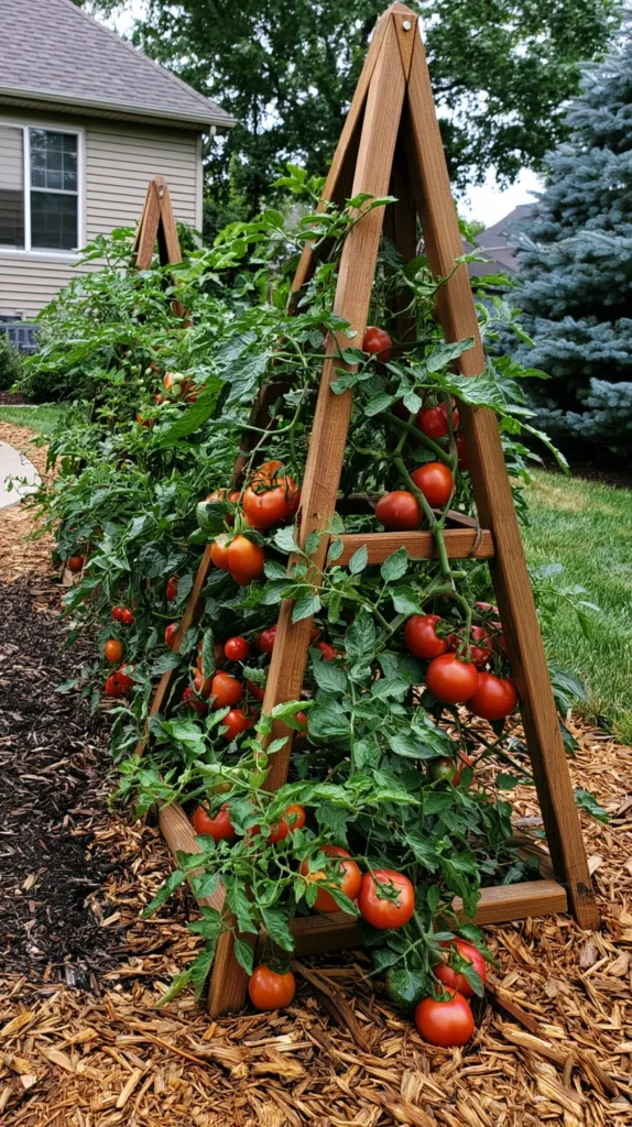wooden tomato trellis in the backyard of a suburban home