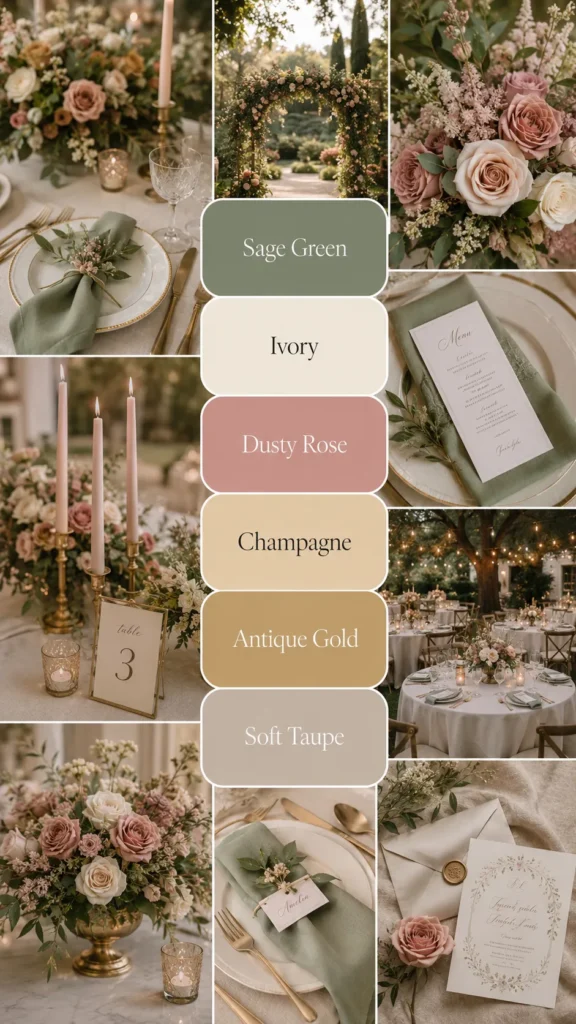Vertical Pinterest wedding color scheme mood board collage featuring an elegant budget-friendly outdoor wedding tablescape, ivory linens, sage green napkins, dusty rose flowers, champagne taper candles, antique gold flatware, soft natural light, romantic garden setting, editorial wedding photography style. Add a clean centered color palette overlay with six large rounded swatches labeled Sage Green, Ivory, Dusty Rose, Champagne, Antique Gold, Soft Taupe in elegant serif typography, readable text, refined layout, no watermark