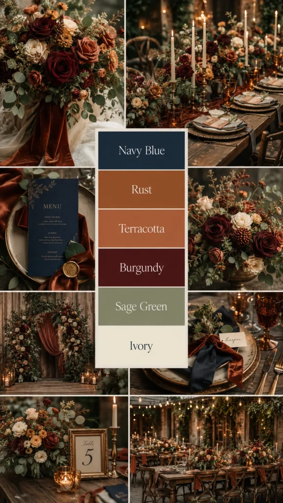 Vertical Pinterest wedding color scheme mood board with rich fall wedding inspiration, burgundy roses, terracotta flowers, navy blue menus, sage greenery, ivory candles, rust velvet ribbon, warm wooden reception tables, moody candlelit atmosphere, elegant but budget-friendly styling. Add a modern color palette overlay with six labeled swatches reading Navy Blue, Rust, Terracotta, Burgundy, Sage Green, Ivory, clean serif font, readable color names, high-end magazine collage style, no watermark, no logo