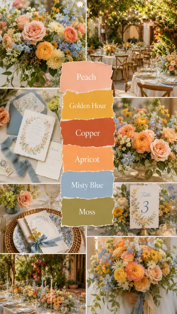 Vertical Pinterest wedding color scheme mood board collage for a colorful garden wedding, peach roses, apricot ranunculus, golden yellow flowers, misty blue paper details, moss green foliage, cream table linens, sunlit patio reception, cheerful but elegant wedding styling. Add a soft torn-paper inspired color palette overlay with labeled swatches reading Peach, Golden Hour, Copper, Apricot, Misty Blue, Moss, readable white serif typography, fresh editorial wedding design, no watermark, 