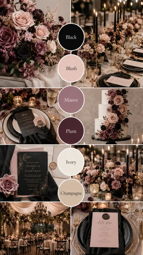 Vertical Pinterest wedding color scheme mood board featuring a romantic black and blush wedding palette, blush roses, mauve flowers, black taper candles, ivory linens, champagne glassware, plum floral accents, soft candlelight, elegant reception table, dramatic but feminine wedding style. Add a clean vertical palette overlay with six round swatches labeled Black, Blush, Mauve, Plum, Ivory, Champagne, readable elegant serif text