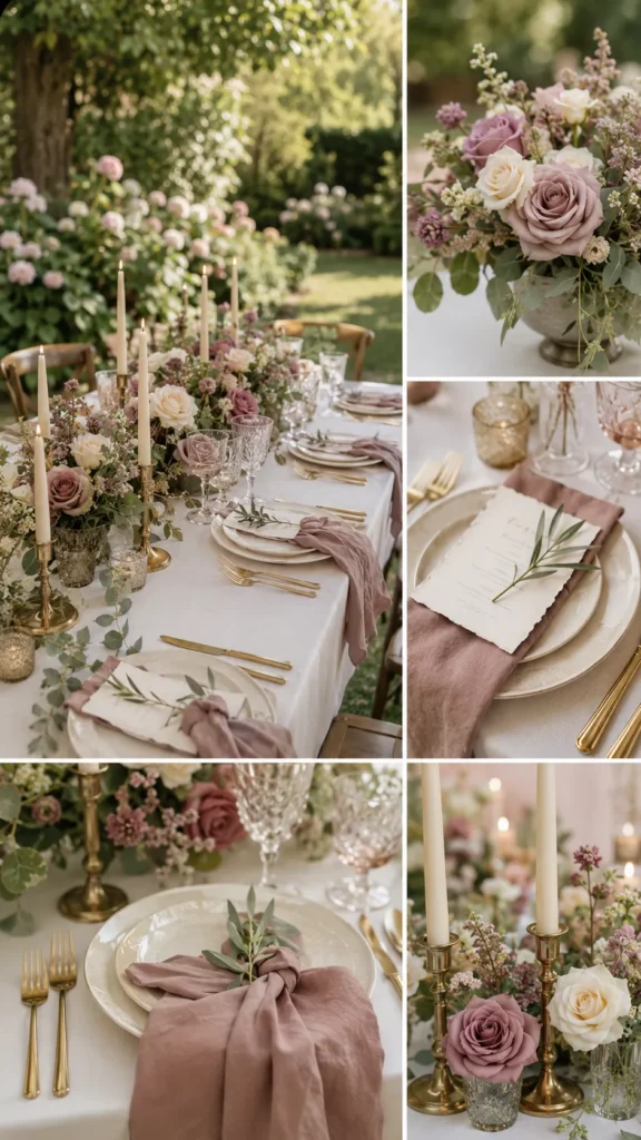 Vertical Pinterest wedding inspiration image showing a soft romantic wedding color scheme, ivory table linens, dusty rose napkins, champagne taper candles, mauve roses, sage greenery, antique gold flatware, cream ceramic plates, delicate menu cards, soft garden light, budget-friendly but polished reception styling, airy editorial wedding photography, no people