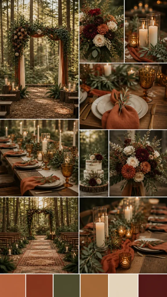 Vertical Pinterest wedding inspiration image showing a woodland wedding color scheme with terracotta, rust, olive green, warm caramel, ivory, and deep burgundy, rustic wood tables, amber glassware, simple greenery, pillar candles, linen napkins, cozy forest ceremony details, elegant earthy wedding style
