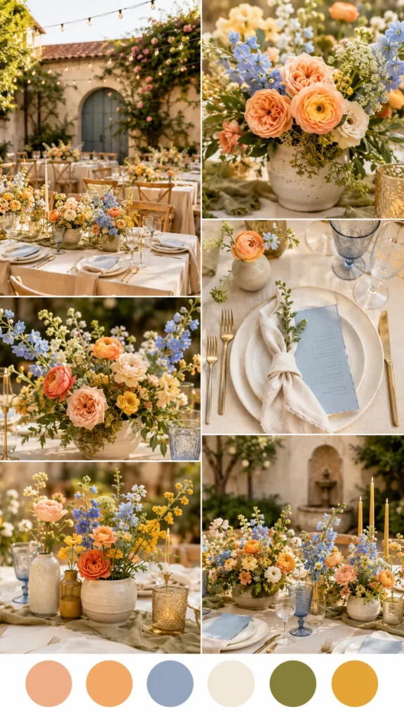 Vertical Pinterest wedding inspiration image showing a fresh summer wedding color scheme with peach, apricot, misty blue, cream, moss green, and golden yellow, outdoor courtyard reception table, colorful flowers in ceramic vases, pale blue paper goods, cream linens, warm sunlight, happy garden party wedding style