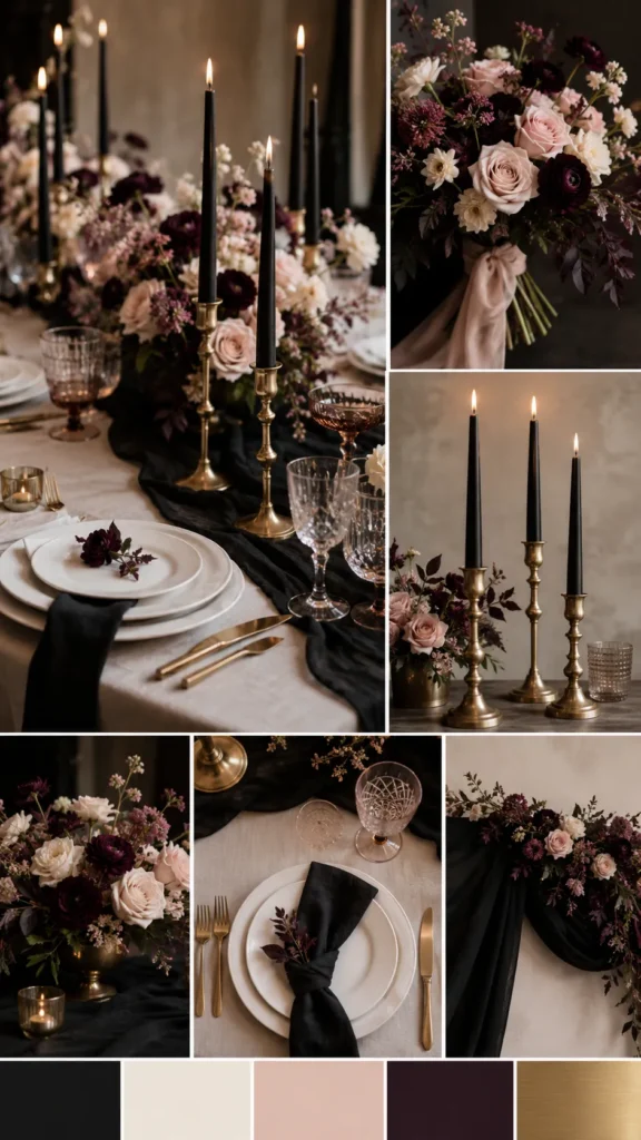 Vertical Pinterest wedding inspiration image showing a chic budget-friendly wedding color scheme with black, white, ivory, brushed brass, blush, and deep plum, black taper candles, white plates, ivory linens, brass candlesticks, blush and plum flowers, simple modern table setting, dramatic feminine editorial wedding photography