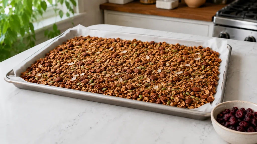 baked homemade granola cooling on a parchment-lined rimmed baking sheet, golden brown oat clusters with chopped almonds, toasted oats, white coconut flakes, and many visible green pumpkin seeds on the surface, the green pepitas should remain clearly green and easy to see against the golden granola, small bowl of dried cranberries nearby waiting to be added