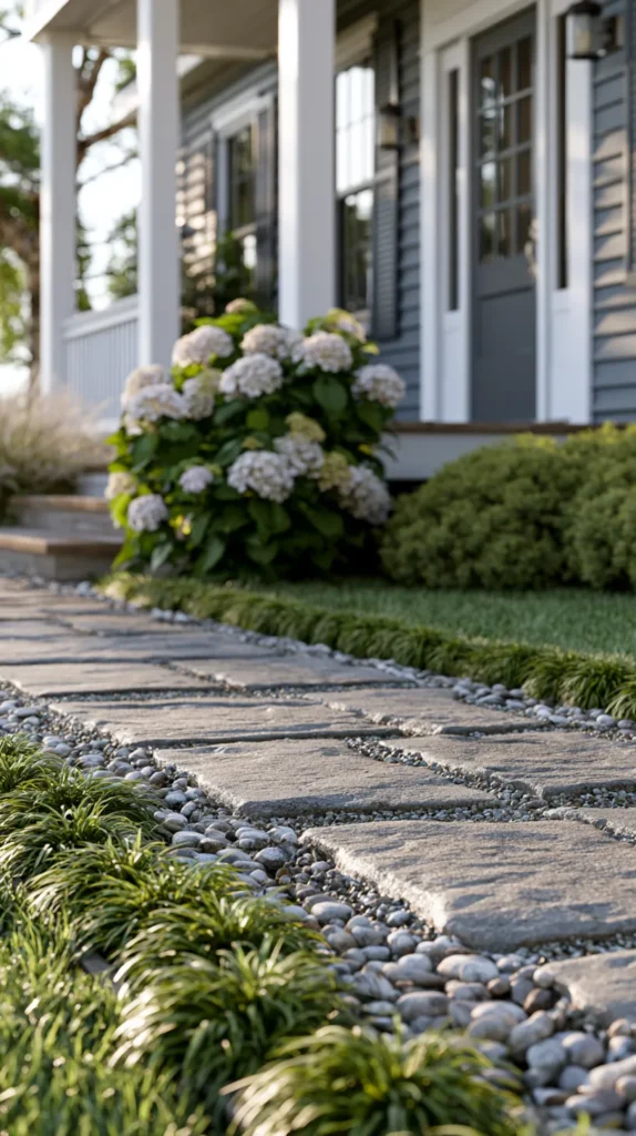 hyper-realistic photo of walkways to front door landscaping, cottage-style stone paver walkway with pea gravel joints, low mondo grass edging, small river rock border, compact hydrangeas near the porch, soft green shrubs, welcoming front door in the background, budget-friendly landscape design front of house, bright natural light, realistic suburban home exterior, clean and polished, no people, no words