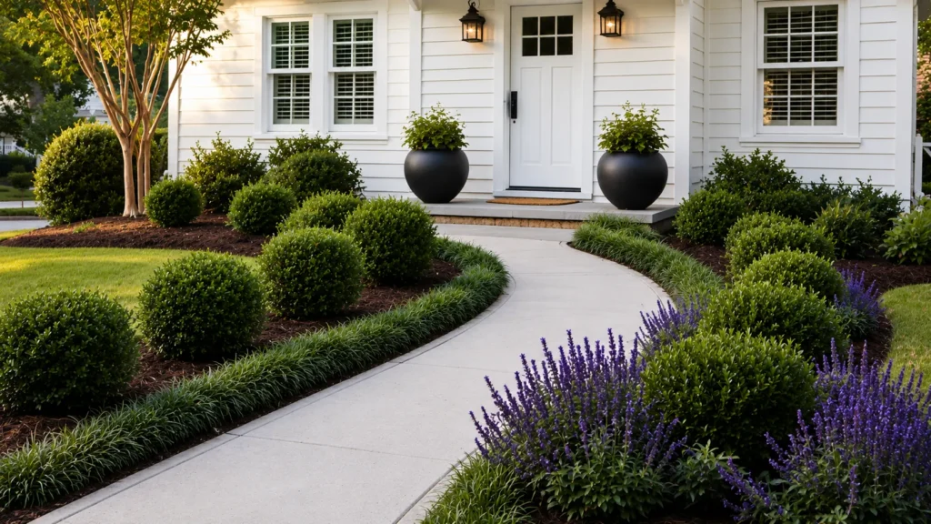 hyper-realistic photo of a charming budget-friendly front entry landscaping design, small white house with a clean concrete walkway leading to the front door, curved mulch beds on both sides, dwarf boxwood shrubs, liriope border plants, purple salvia, two large matching black planters by the door, warm morning light, fresh pine bark mulch, neat edging, inviting curb appeal, natural realistic landscaping, no people, no text