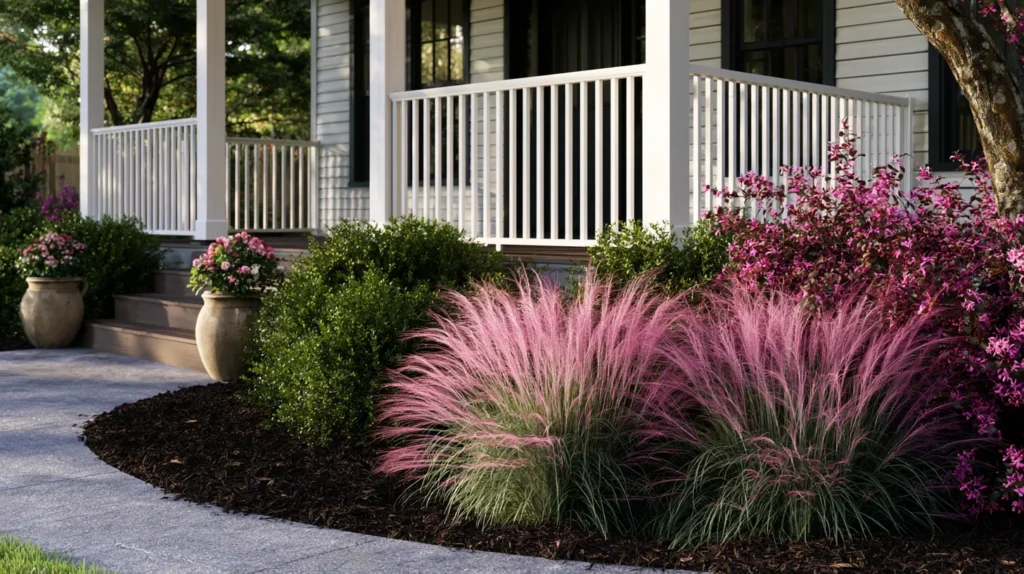 hyper-realistic photo of front entry landscaping around a porch, small covered porch with white railings, layered landscaping in front of porch, dwarf yaupon holly, pink muhly grass, loropetalum with burgundy leaves, seasonal flowers in simple ceramic pots, fresh dark mulch, curved garden bed, cozy front of home landscaping ideas, realistic textures, sunny afternoon light, no people, no text