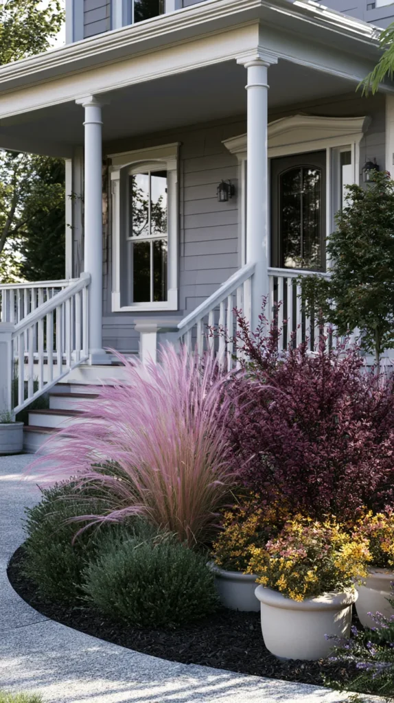hyper-realistic photo of front entry landscaping around a porch, small covered porch with white railings, layered landscaping in front of porch, dwarf yaupon holly, pink muhly grass, loropetalum with burgundy leaves, seasonal flowers in simple ceramic pots, fresh dark mulch, curved garden bed, cozy front of home landscaping ideas, realistic textures, sunny afternoon light, no people, no text