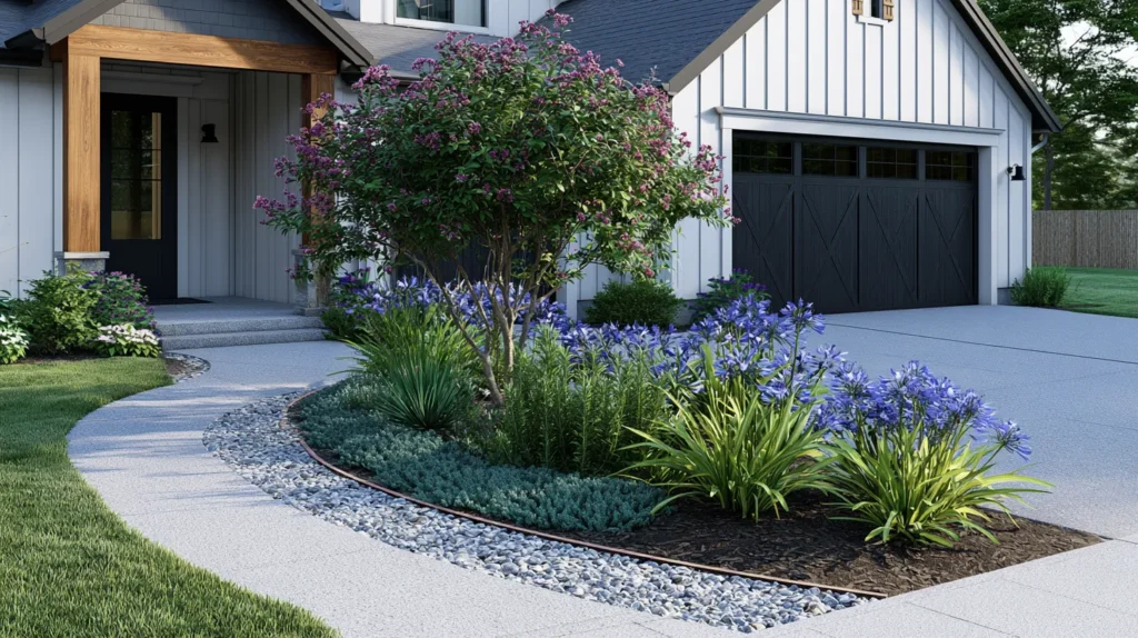 hyper-realistic photo of front driveway landscaping connected to a front walkway, curved planting bed between driveway and entrance path, crushed granite rock border, dwarf crape myrtle tree, liriope, rosemary, agapanthus, neatly edged mulch, modern suburban house exterior, garage partially visible, front of house landscape ideas entrance, clean budget-friendly curb appeal, no people, no text
