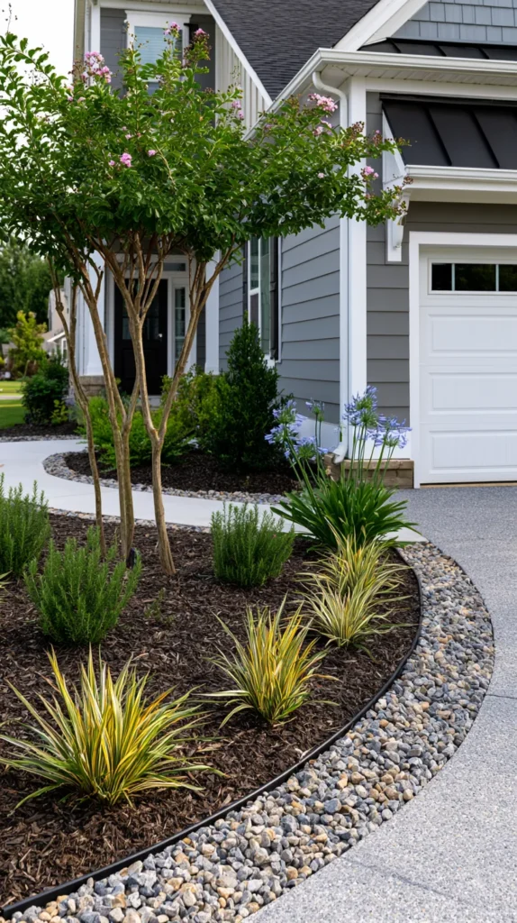 hyper-realistic photo of front driveway landscaping connected to a front walkway, curved planting bed between driveway and entrance path, crushed granite rock border, dwarf crape myrtle tree, liriope, rosemary, agapanthus, neatly edged mulch, modern suburban house exterior, garage partially visible, front of house landscape ideas entrance, clean budget-friendly curb appeal, no people, no text