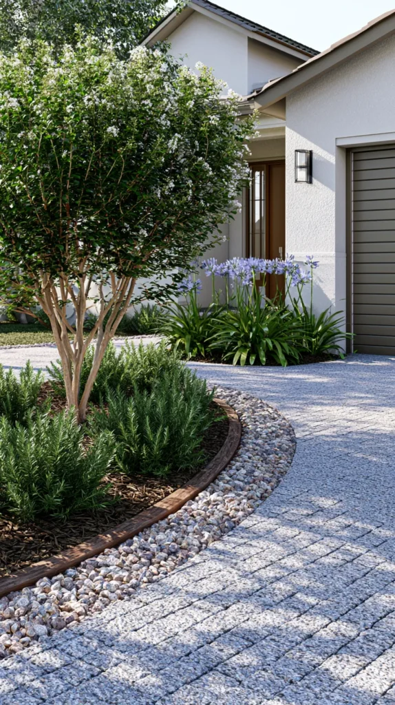 hyper-realistic photo of front driveway landscaping connected to a front walkway, curved planting bed between driveway and entrance path, crushed granite rock border, dwarf crape myrtle tree, liriope, rosemary, agapanthus, neatly edged mulch, modern suburban house exterior, garage partially visible, front of house landscape ideas entrance, clean budget-friendly curb appeal, no people, no text