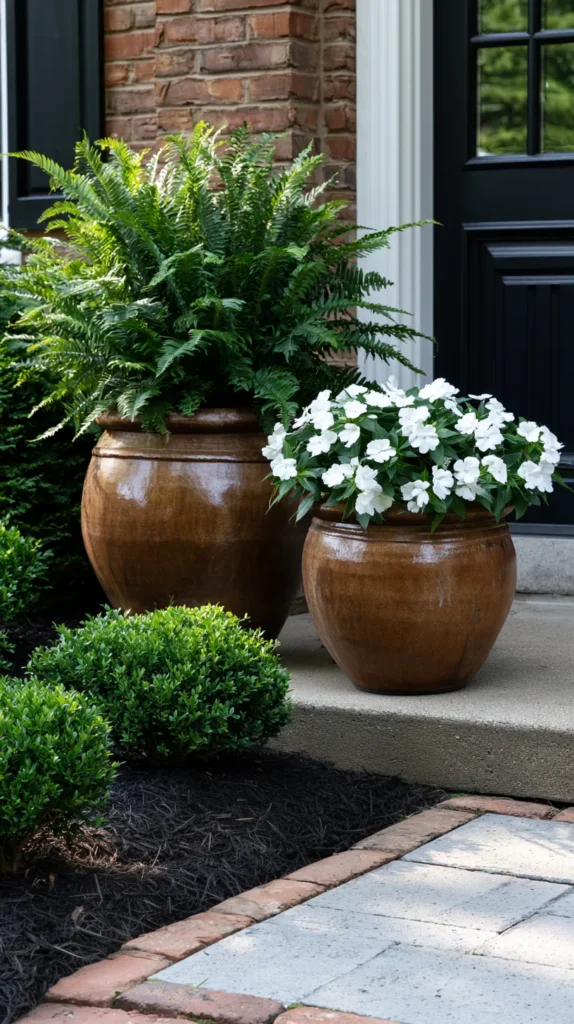 hyper-realistic photo of entryway landscaping ideas with a close view of a front door area, two oversized terracotta planters with foxtail ferns and white impatiens, brick edging around a small mulch bed, compact boxwoods, small natural boulder accent, concrete step, soft shadows, realistic front entry detail, polished but affordable landscaping, no people, no words