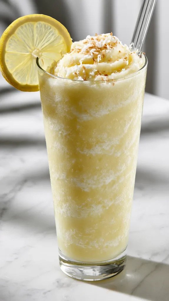 hyper-realistic photo of frozen coconut lemonade in a tall clear glass, pale creamy yellow slushy texture, frosty coconut lemonade swirls, fresh lemon wheel on the rim, light sprinkle of shredded coconut on top, glass straw, white marble countertop, bright summer kitchen lighting, soft natural shadows, budget-friendly homemade drink aesthetic, no text, no watermark, no people