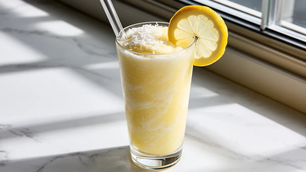 hyper-realistic photo of frozen coconut lemonade in a tall clear glass, pale creamy yellow slushy texture, frosty coconut lemonade swirls, fresh lemon wheel on the rim, light sprinkle of shredded coconut on top, glass straw, white marble countertop, bright summer kitchen lighting, soft natural shadows, budget-friendly homemade drink aesthetic, no text, no watermark, no people