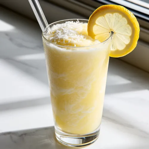 hyper-realistic photo of frozen coconut lemonade in a tall clear glass, pale creamy yellow slushy texture, frosty coconut lemonade swirls, fresh lemon wheel on the rim, light sprinkle of shredded coconut on top, glass straw, white marble countertop, bright summer kitchen lighting, soft natural shadows, budget-friendly homemade drink aesthetic, no text, no watermark, no people