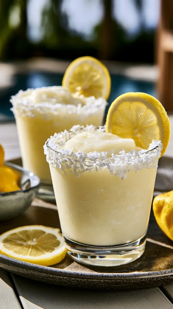 hyper-realistic photo of two glasses of frozen coconut lemonade on a sunny patio table, creamy pale yellow frozen drink with smooth thick texture, lemon slices, shredded coconut rim, small bowl of lemons nearby, tropical but simple styling, fresh clean summer look, affordable homemade drink setup, bright natural light, no text, no watermark, no people