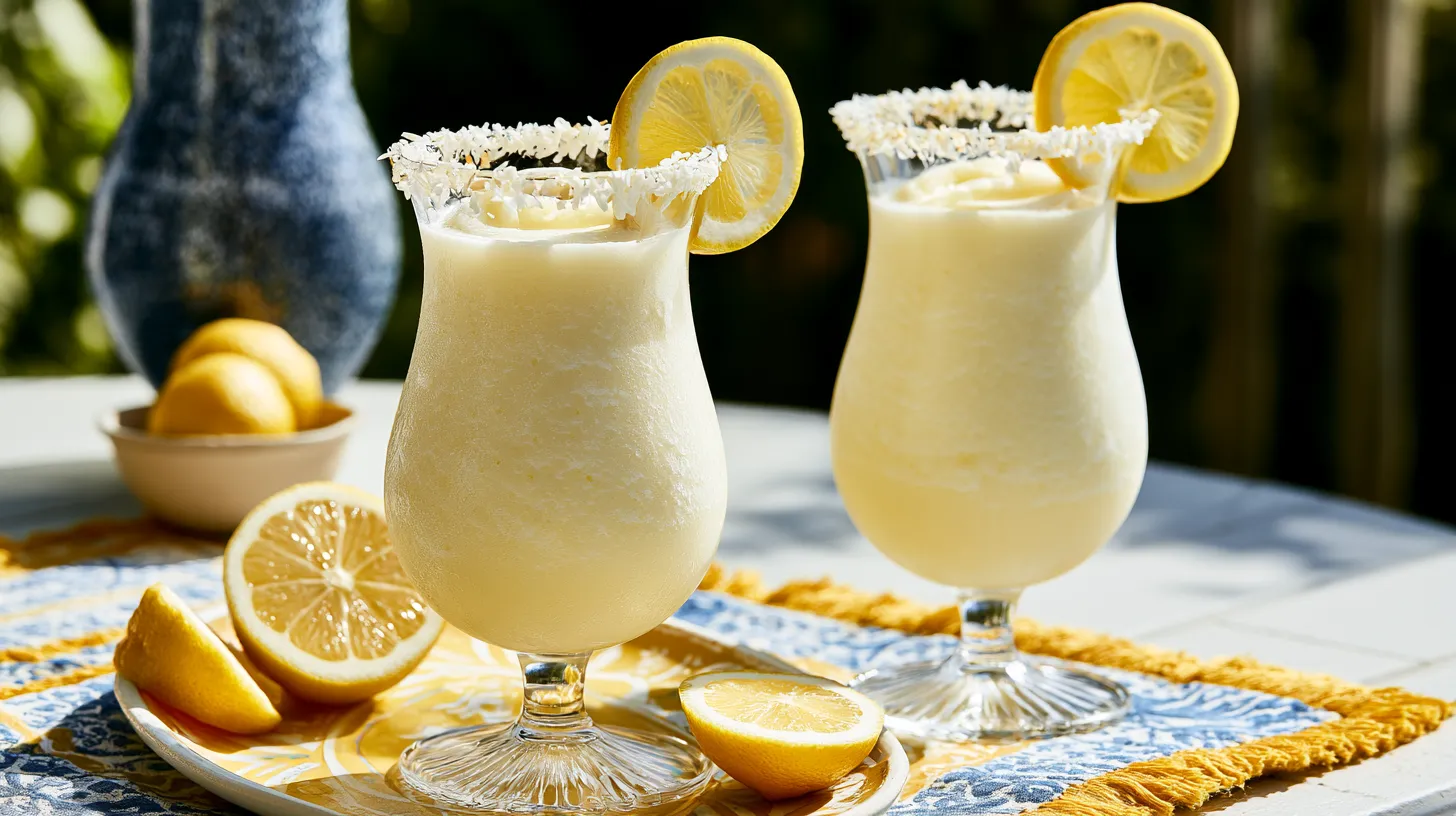 hyper-realistic photo of two glasses of frozen coconut lemonade on a sunny patio table, creamy pale yellow frozen drink with smooth thick texture, lemon slices, shredded coconut rim, small bowl of lemons nearby, tropical but simple styling, fresh clean summer look, affordable homemade drink setup, bright natural light, no text, no watermark, no people