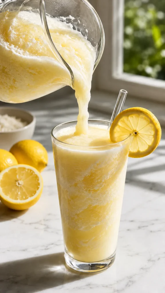 hyper-realistic photo of a clear glass pitcher pouring frozen coconut lemonade into a tall clear drinking glass, thick creamy pale yellow slushy texture flowing smoothly, visible icy swirls, lemon wheel on the rim of the glass, glass straw beside the drink, white marble countertop, bright natural window light, clean summer kitchen background, fresh lemons nearby, refreshing homemade budget-friendly drink styling, no people, no text, no watermark
