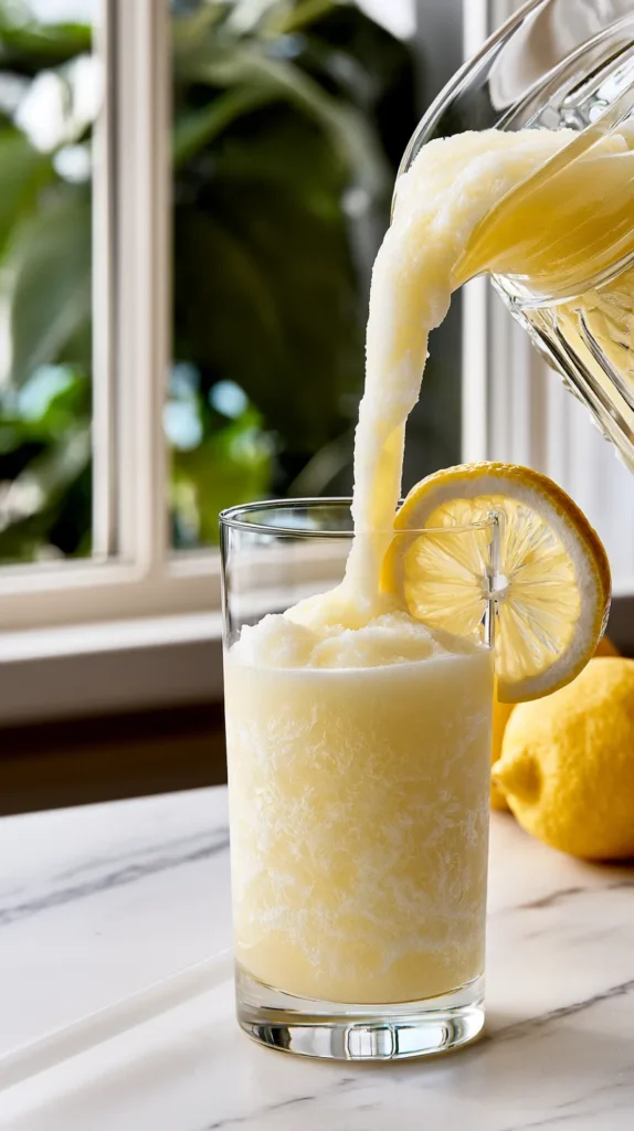 hyper-realistic photo of a clear glass pitcher pouring frozen coconut lemonade into a tall clear drinking glass, thick creamy pale yellow slushy texture flowing smoothly, visible icy swirls, lemon wheel on the rim of the glass, glass straw beside the drink, white marble countertop, bright natural window light, clean summer kitchen background, fresh lemons nearby, refreshing homemade budget-friendly drink styling, no people, no text, no watermark