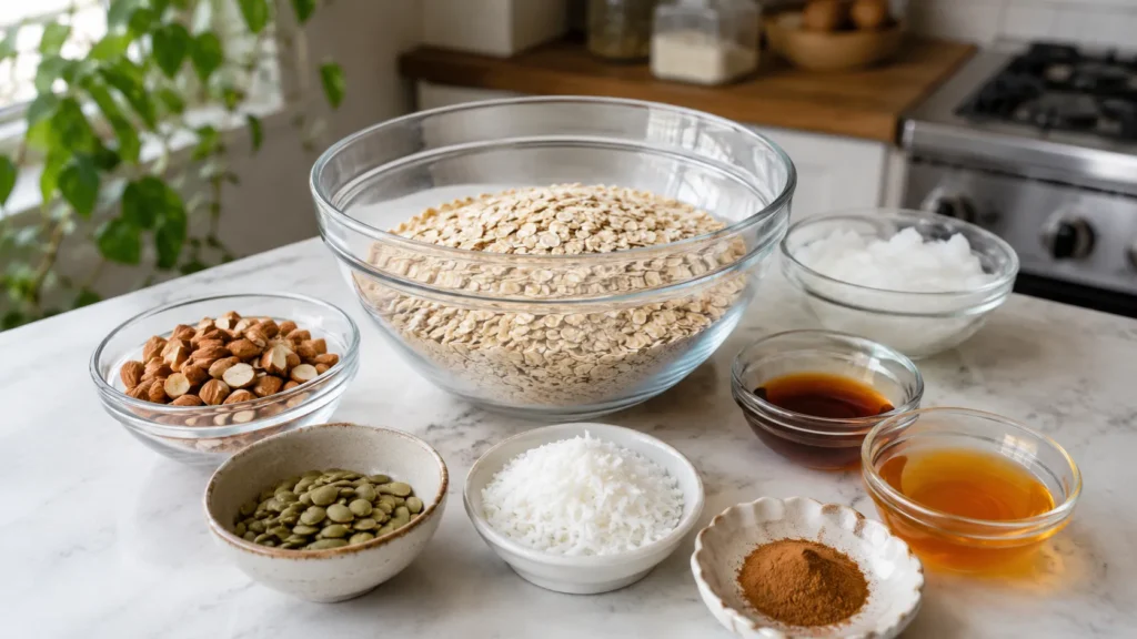 hyper-realistic photo of homemade granola ingredients arranged on a bright white marble kitchen counter, old-fashioned rolled oats in a large clear glass bowl, chopped almonds, pumpkin seeds, shredded coconut, cinnamon, honey, vanilla extract, and melted coconut oil in small prep bowls, clean natural window light, soft minimal shadows, cozy budget-friendly kitchen setting, realistic food styling, no people, no text, no watermark