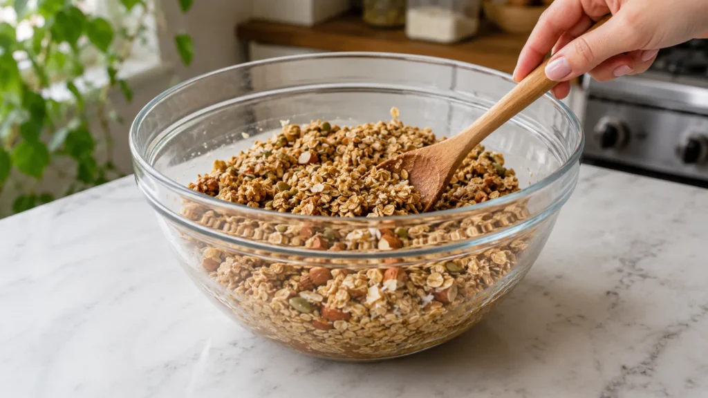 hyper-realistic photo of homemade granola being mixed in a large white ceramic bowl, rolled oats coated with honey, melted coconut oil, cinnamon, chopped nuts, pumpkin seeds, and shredded coconut, wooden spoon resting in the bowl, mixture looking glossy and lightly clumped, white marble kitchen counter, bright natural window light, clean cozy kitchen background