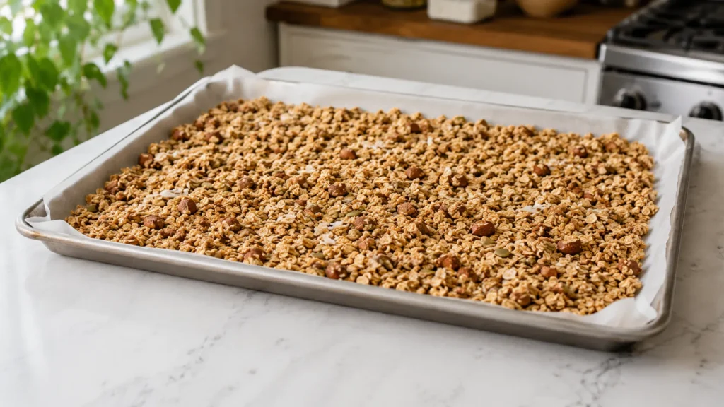 hyper-realistic photo of homemade granola mixture spread evenly on a parchment-lined rimmed baking sheet, oats pressed flat with visible chopped nuts, seeds, coconut, and cinnamon specks, golden syrupy coating, baking sheet on white marble counter, simple kitchen styling, bright natural light, minimal shadows
