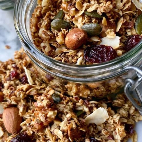 hyper-realistic photo of finished homemade granola stored in a clear glass jar with loose golden clusters spilled slightly onto a white marble kitchen counter, visible oats, toasted nuts, pumpkin seeds, coconut flakes, and dried cranberries, cozy bright kitchen background, clean natural window light, warm neutral styling