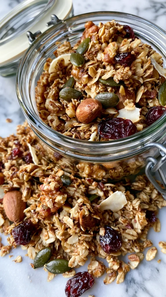 hyper-realistic photo of finished homemade granola stored in a clear glass jar with loose golden clusters spilled slightly onto a white marble kitchen counter, visible oats, toasted nuts, pumpkin seeds, coconut flakes, and dried cranberries, cozy bright kitchen background, clean natural window light, warm neutral styling