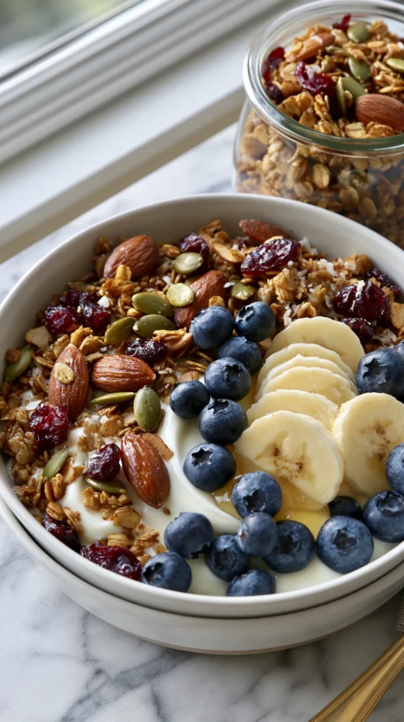 hyper-realistic photo of homemade granola served over creamy Greek yogurt in a white ceramic bowl, topped with sliced bananas, fresh blueberries, and a small drizzle of honey, golden oat clusters visible on top, glass jar of granola nearby, white marble kitchen counter, bright natural window light, cozy budget-friendly breakfast styling