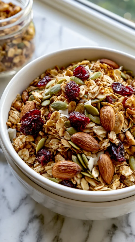 hyper-realistic photo of homemade granola in a white ceramic breakfast bowl, the granola made with rolled oats coated with honey, melted coconut oil, cinnamon, chopped almonds, pumpkin seeds, shredded coconut, and dried cranberries, baked into golden brown crunchy clusters, crisp oat texture, toasted nuts and seeds clearly visible, small glass jar of the same granola nearby, white marble kitchen counter, bright natural window light, cozy budget-friendly kitchen background, clean breakfast styling, realistic crunchy texture, no people, no text, no watermark