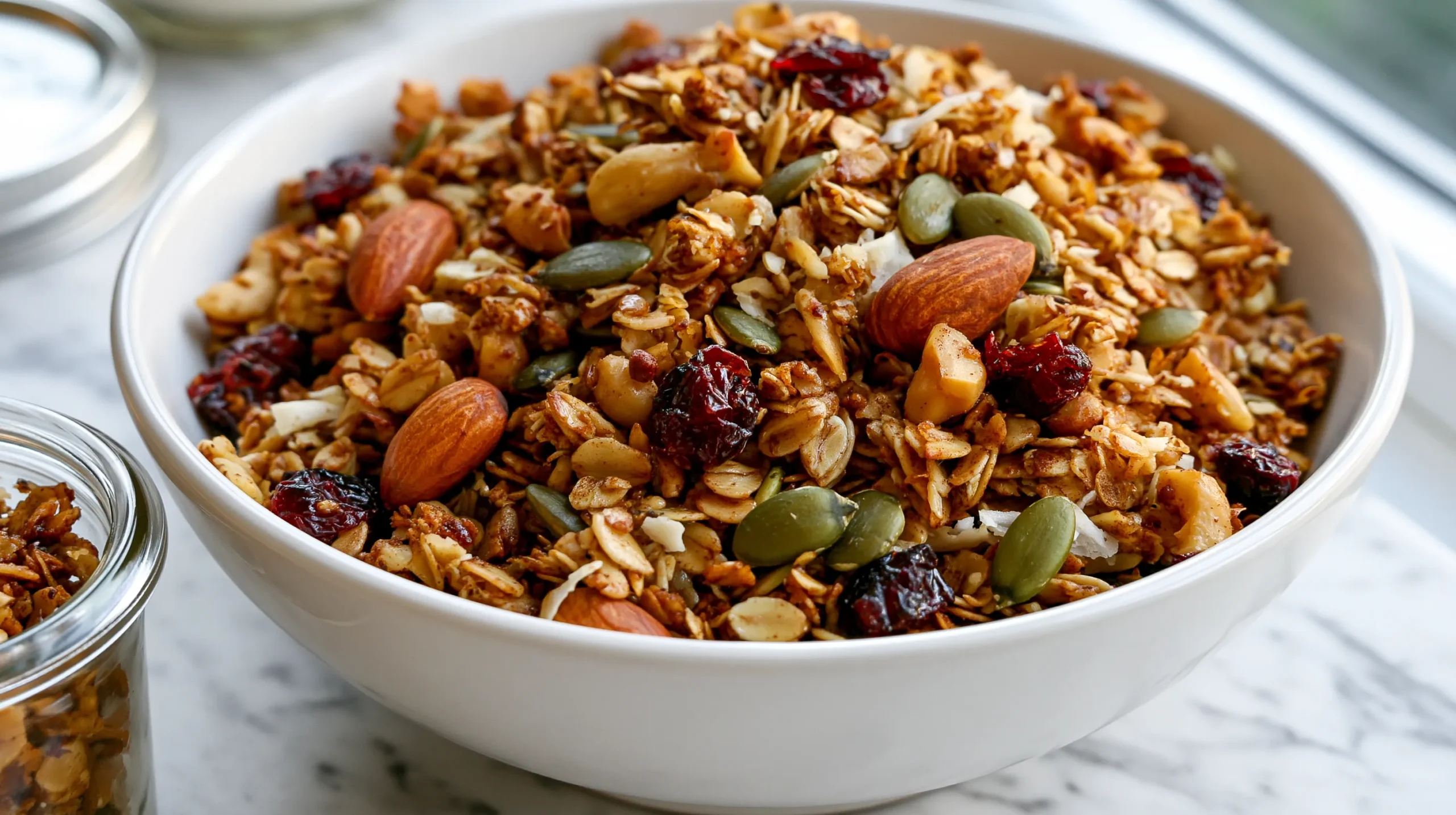 hyper-realistic photo of homemade granola in a white ceramic breakfast bowl, the granola made with rolled oats coated with honey, melted coconut oil, cinnamon, chopped almonds, pumpkin seeds, shredded coconut, and dried cranberries, baked into golden brown crunchy clusters, crisp oat texture, toasted nuts and seeds clearly visible, small glass jar of the same granola nearby, white marble kitchen counter, bright natural window light, cozy budget-friendly kitchen background, clean breakfast styling, realistic crunchy texture, no people, no text, no watermark