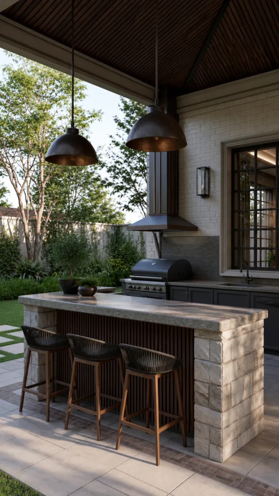 outdoor bar area, grill, stools, pendant lights