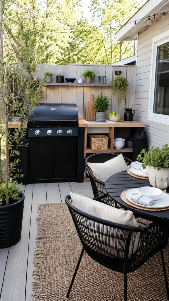 Hyper-realistic photo of a budget outdoor kitchen with a nearby small dining table, black grill station, simple prep counter, woven rug, black patio chairs, neutral cushions, potted greenery, casual summer table setting, bright natural light, cozy suburban backyard