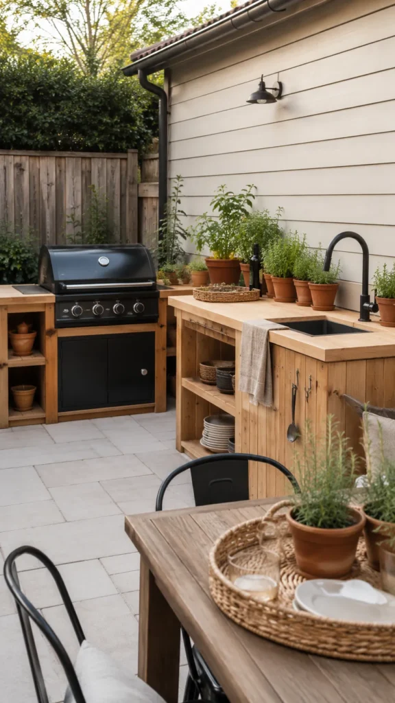 Hyper-realistic photo of a charming outdoor kitchen idea for Pinterest, compact black grill, light wood counters, terracotta herb pots, woven tray, casual dining table, neutral outdoor styling, clean pavers, bright soft natural light, cozy and practical backyard atmosphere
