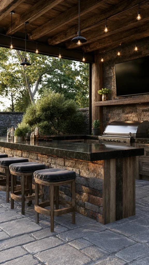 outdoor kitchen with a grill, bar stools and lights